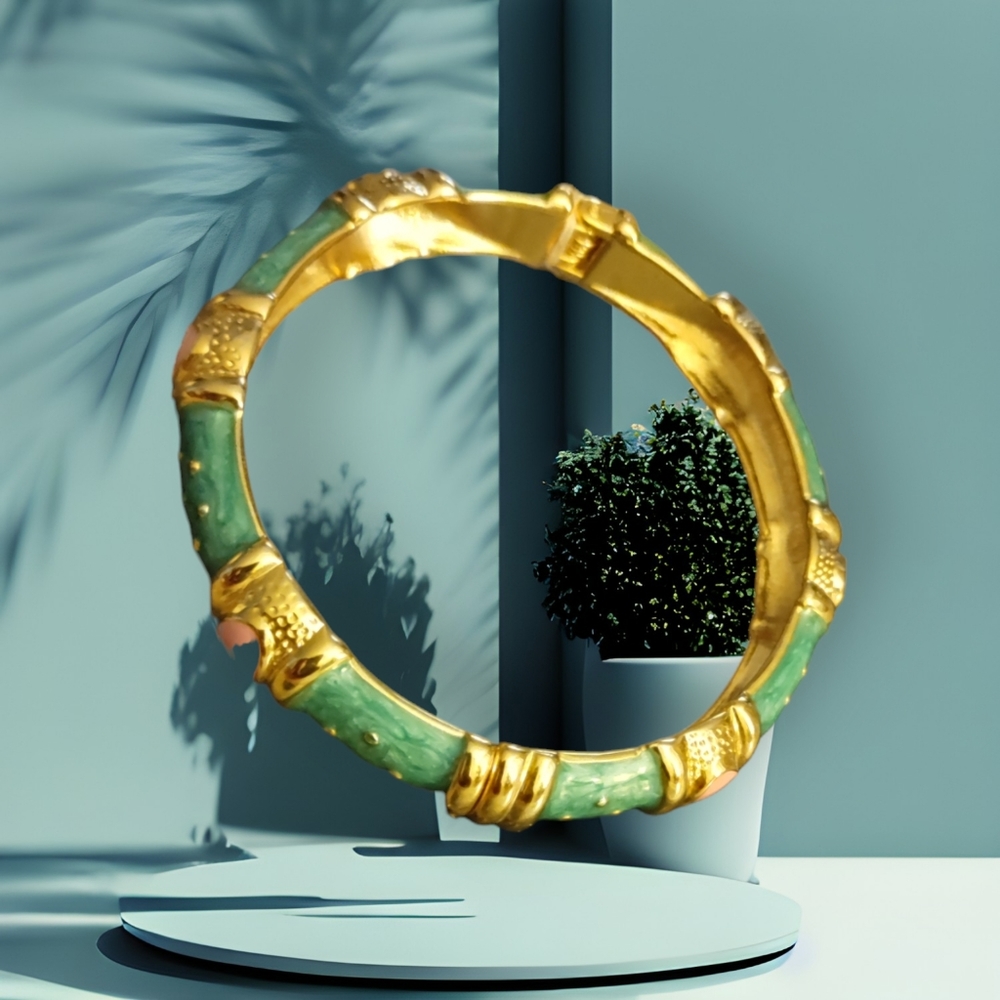 Gold tone Green Enamel Bangle Bracelet